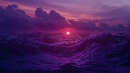 Panoramic high-definition image of a pink and purple sunset sky over the ocean, with gentle waves and scattered clouds in the distance,
