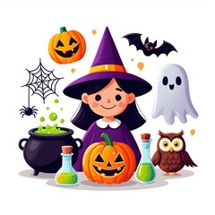 Adorable cartoon witch surrounded by halloween pumpkins ghosts bats and spooky elements
