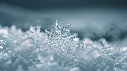 A macro shot of a snowflake resting on a bed of ice crystals with a blurred background effect - Powered by Adobe