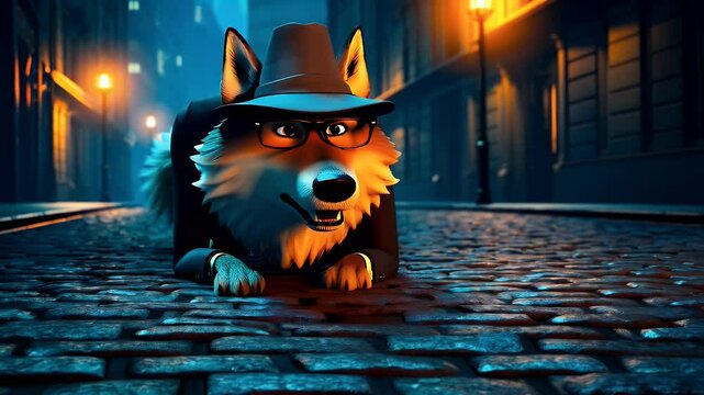 Cartoon wolf detective night scene