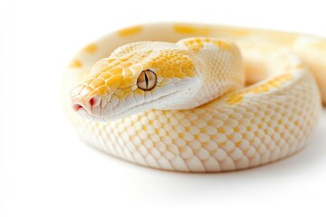 Fototapeta premium A snake with a yellow and white body and a black eye. , isolated on white background.