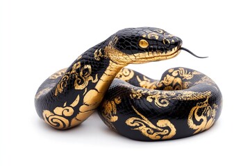 Fototapeta premium A snake with gold and black paint on it. , isolated on white background.