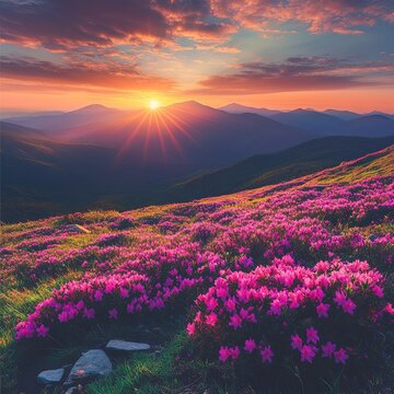 Picturesque summer sunset with rhododendron flowers. Location place Carpathian mountains, Ukraine, Europe. Vibrant photo wallpaper. Image of gorgeous pink flowers. Discover the beauty of earth.