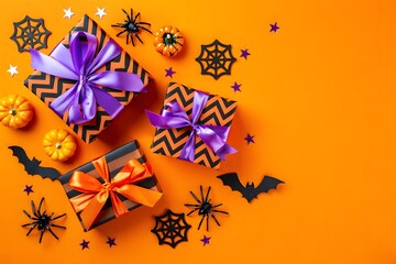 Festive halloween gifts decorated with spiders bats and miniature pumpkins on orange background