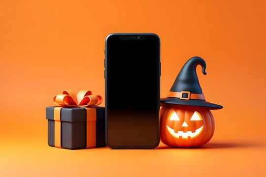 Festive halloween themed composition featuring a smartphone, gift box and lit jack o lantern