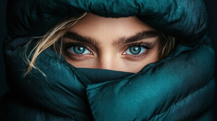 Fototapeta premium A captivating close-up of a person wrapped in a warm puffy jacket, showcasing striking blue eyes while evoking feelings of comfort, mystery, and warmth in winter's chill.