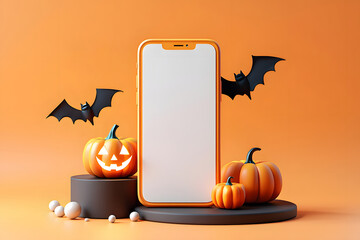 Halloween themed smartphone display with pumpkins bats and festive holiday decorations