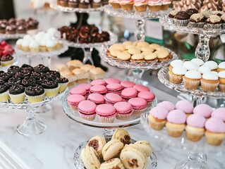 Elegant dessert table with macarons, cakes, chocolates, and pastries on glass stands