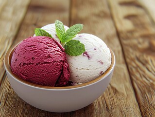 Close-up of ice cream scoops in bowl on wooden tableClose-up of ice cream scoops in bowl on wooden table