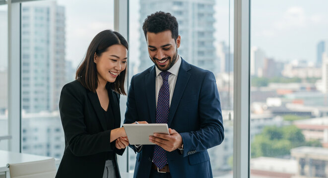 Two happy professional business people team Asian woman and Latin man workers working using digital tablet tech discussing financial market data standing at corporate office meeting.