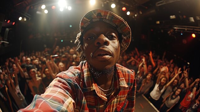 A captivating selfie taken at a lively concert captures the energy of the crowd along with the vibrant performer, showcasing the spirit of live music and excitement.