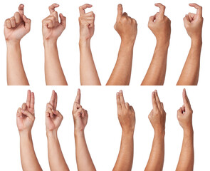 Male asian hand gestures isolated over the white background. pull trigger.