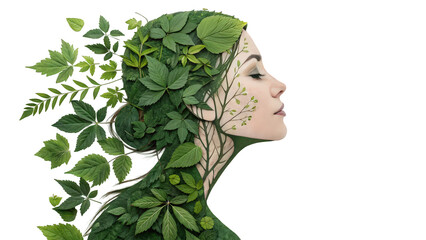 Profile of a Woman with Lush Green Leaves as Hair and Body, conceptual image symbolizing nature - AI generated