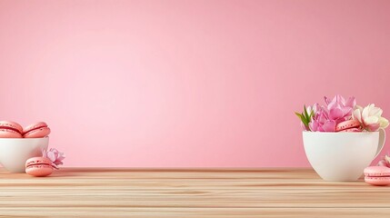 Wide pink banner with coffee cups, macarons, and flowers on wooden tabletop