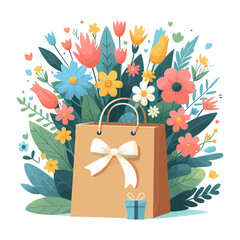 festive brown gift bag with a white bow, surrounded by a vibrant bouquet of colorful flowers and a small present. Ideal for websites and blogs related to gifts, celebrations, holidays, shopping