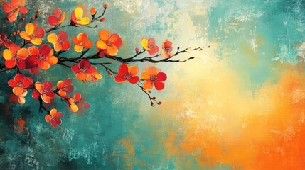 Orange And Red Blossoms On Branch Teal Background Painting
