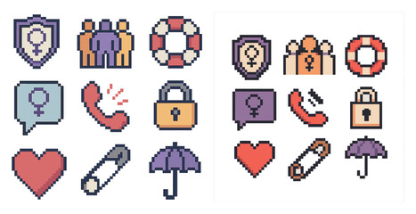 Fototapeta premium Gender equality pixel art icons set - diversity, inclusion, empowerment symbols