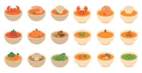 Seafood and vegetable flat icons set – soup, culinary, healthy food symbols