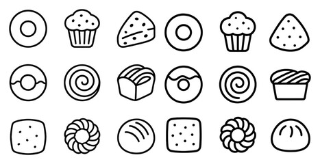 Bakery and pastry outline icons set – linear, silhouette, sweet treat symbols