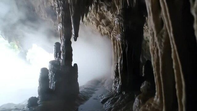 Rekaman stok beresolusi tinggi: Video dimulai di lorong gua yang belum dipetakan yang diukir di gunung kuno. Cahaya bulan masuk, menerangi lorong gua. Stalaktit di atas berkilau seperti obsidian, dan 