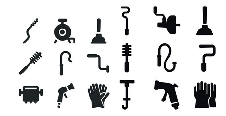 Obraz premium Plumbing tools solid icons set – flat, filled, repair and maintenance symbols