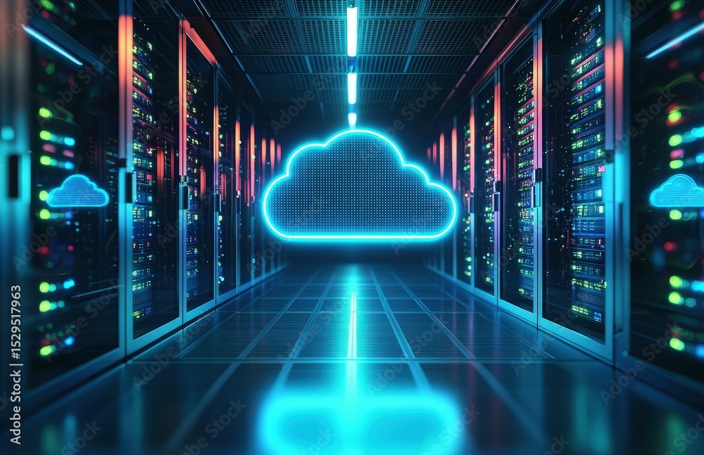 Poster colorful server room with illuminated digital cloud icon showcasing cloud storage and data infrastru