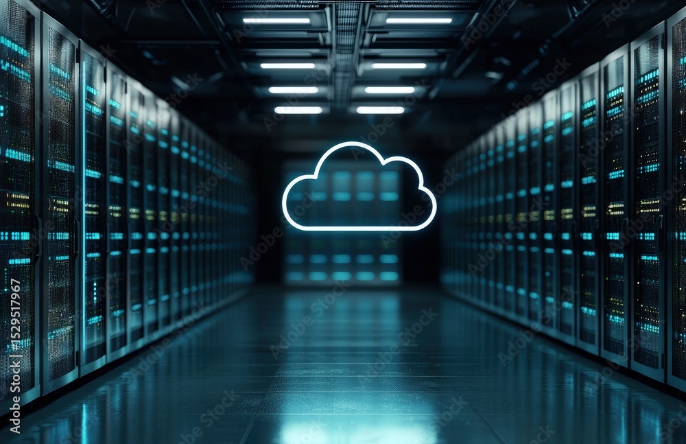 Fototapete Futuristic server room with glowing cloud icon symbolizing cloud computing infrastructure and data storage technology, ideal for illustrating IT networks, virtualization, or secure cloud platforms