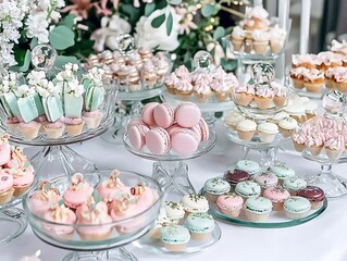 Elegant dessert table with macarons, cakes, chocolates, and pastries on glass stands