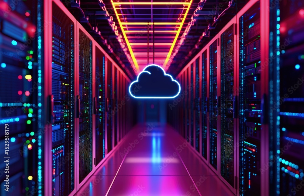 Poster Vibrant neon-lit server room with glowing blue cloud icon symbolizing cloud computing and digital infrastructure, perfect for modern data technology, hosting platforms, and virtual systems display