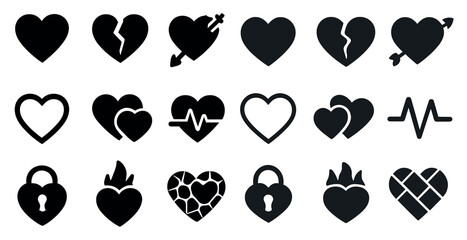 Heart and love silhouette icons set – solid, romantic, valentine symbols collection