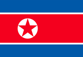 National flag of North Korea. Red central stripe bordered by blue and white lines, with a white circle and red five pointed star.