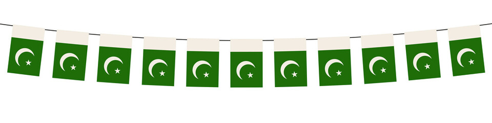 Vector illustration of bunting flags Pakistan. Decorative string of small national flags featuring the green and white design with crescent and star.