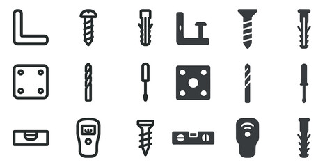 Obraz premium Construction tools outline icons set – linear, building, hardware symbols