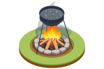 Isometric crackling campfire with glowing embers, flickering flames dancing around arranged logs, casting warm light and gentle smoke into the night air, evoking coziness and outdoor adventure.