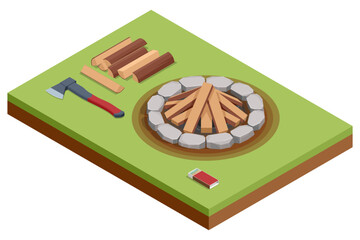 Isometric crackling campfire with glowing embers, flickering flames dancing around arranged logs, casting warm light and gentle smoke into the night air, evoking coziness and outdoor adventure.