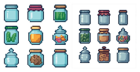 Food and kitchen pixel art icons set – culinary, jars, cooking essentials