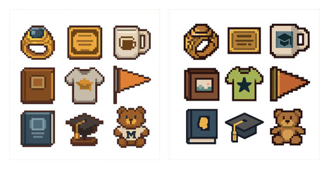 Graduation and alumni icons set – pixel art, outline, academic and university symbols