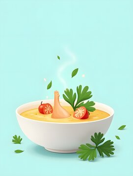 Chicken soup with parsley leaves falling down near a plant on a light blue background. Food banner
