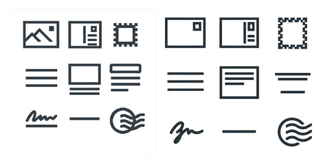 Postal and mail outline icons set &ndash; linear, flat, envelope and stamp symbols