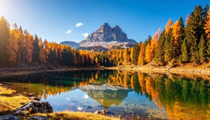 Naklejka premium A serene autumn landscape featuring a mountain reflected in a calm lake surrounded by colorful trees under a clear blue sky.