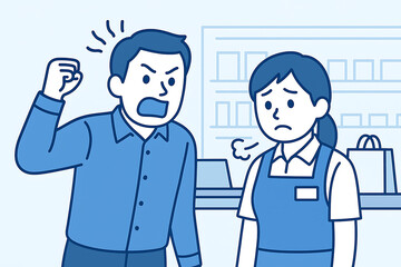 Fototapeta premium 店内で怒鳴る男性客と萎縮する女性スタッフのイラスト・カスタマーハラスメントの場面