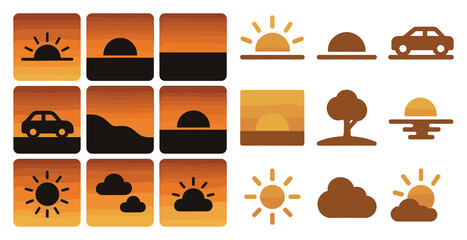 Sunset and nature silhouette icons set – flat, filled, landscape and sunrise symbols