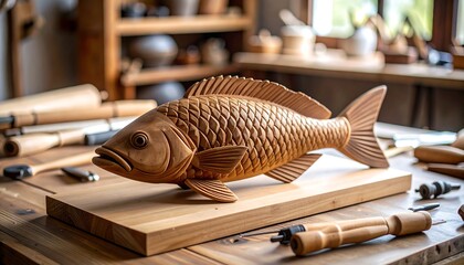 Wooden Fish Carving in Workshop.