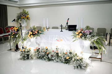 Sacred Church Interior: Sacred church altar and pulpit, radiating peace and reverence. Ideal for...