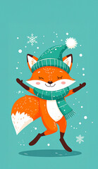 Cute Cartoon Fox Character Dancing in the Snow