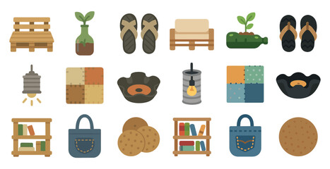 Eco-friendly lifestyle flat icons set &ndash; sustainable, green living, reusable symbols