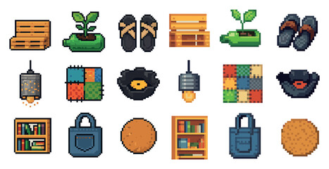 Eco-friendly pixel art icons set: nature, recycling, and sustainability graphics