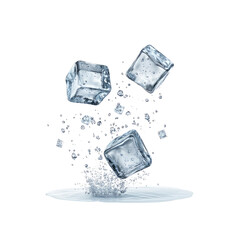 Crystal Clear Ice Cubes Falling and Splashing on a Surface