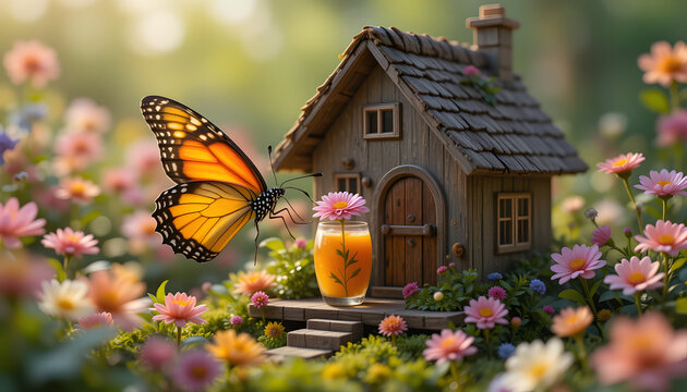 a small house and a flower garden/ a butterfly drinking nectar 4k pc wallpaper