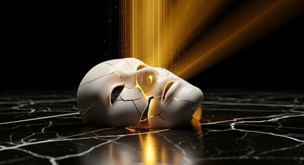 Cracked Mask with Golden Light – Surreal 3D Concept of Hidden Identity